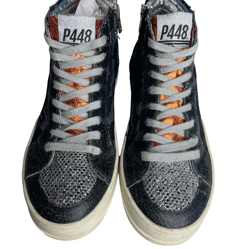 P448 high top sneakers glitter lace metallic Black silver orange  Sz 38 or 7.5/8